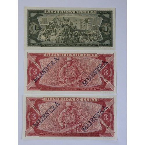 272 - Banco Nacional De Cuba Specimen Notes To Include 1968 1 Peso Note And 2 X Sample 3 peso Notes 1983 a... 