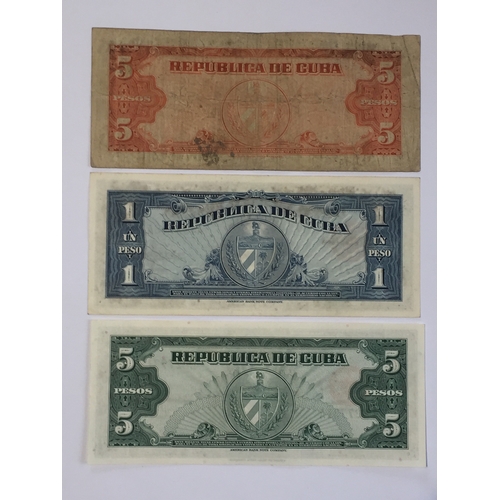 270 - Banco Nacional De Cuba Banknotes To Include 1 And 2 X 5 Peso Notes From The 1950 And 60's (3) VF -UN... 