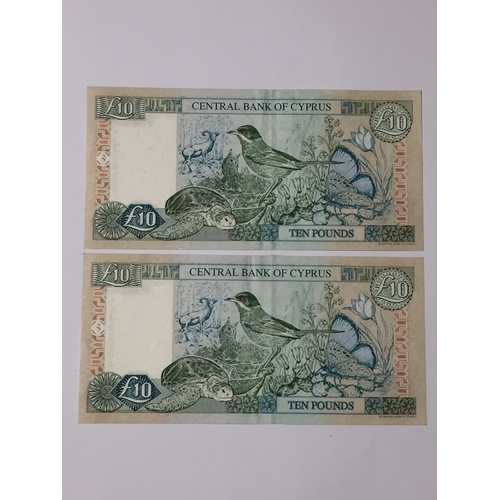 275 - Central Bank Of Cyprus 2 X Uncirculated 2001 Ten Pound Notes .