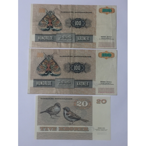 282 - Denmark's National Bank 1972 Issue. 20 Kroner Note Along With 2 X 100 Kroner Note EXF - UNC (3)