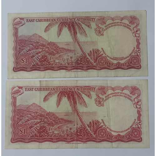 283 - East Caribbean Currency Authority,  Queen Elizabeth 11. 2 X 1 Dollar Notes 1965 B Serial Number Both... 