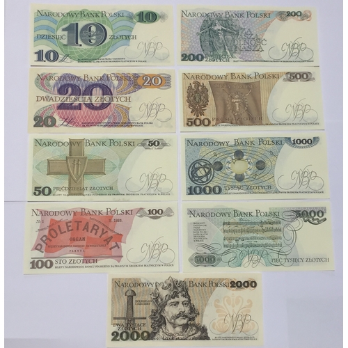 311 - Bumper Poland Set Comprising Of 9 Uncirculated 1980's Notes 10 , 20 , 50 , 100 , 200 , 500 , 1000 , ... 