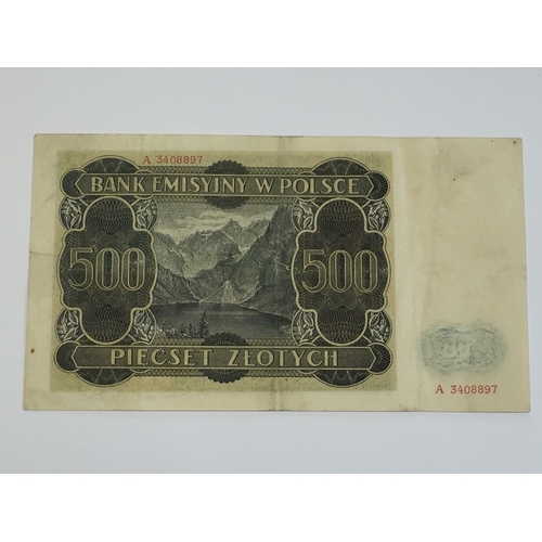 306 - Wartime 1940 Polish 500 Zlotych  Banknote VF.