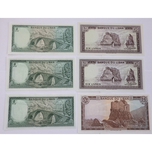 303 - Lebanon Banque Du Liban Banknotes 3 x 5  2 X 10 And 1 x  25 Livres Notes All In Uncirculated Conditi... 