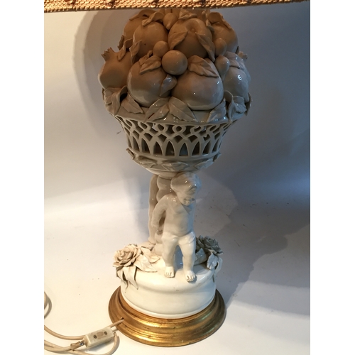 205 - Ceramic Lamp With Cherub And Fruit Decoration