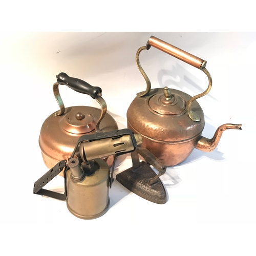 240 - 2 x Vintage Copper  Kettles, Iron, And A  Blow Torch