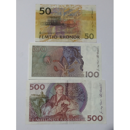 324 - Swedish Banknotes Sveriges Riksbank Regular Issue 1980's 100 & 500 Kronor Notes Uncirculated Along W... 