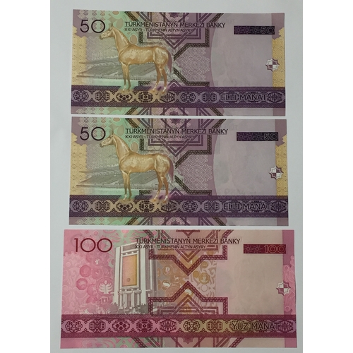 334 - Turkmenistan Merkezi Banky 2005 Issue Notes. To Include 2 X 50 Manat And A 100 Manat Note All In Unc... 