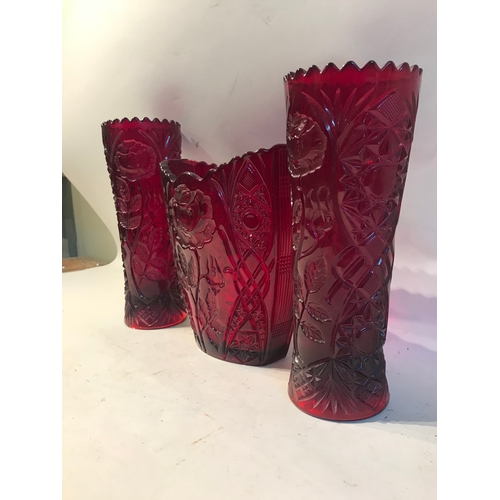 253 - Vintage Ruby  Red Glass Vases With Rose Decoration