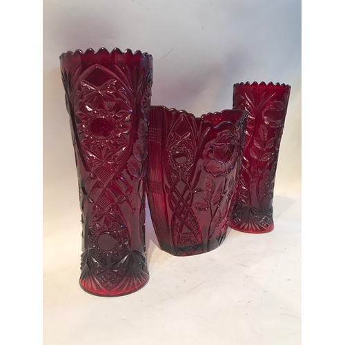 253 - Vintage Ruby  Red Glass Vases With Rose Decoration