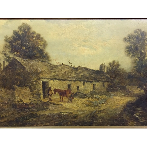 351 - Antique Oil On Board Stable yard Scene Signed Lower Left,  70x55 cms