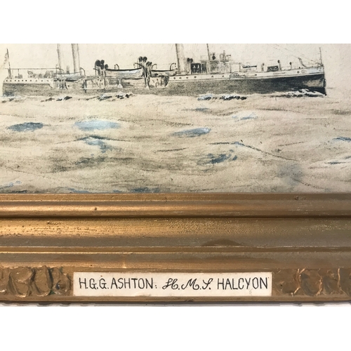 354 - Guilt Framed Watercolour By  H.G.G. ASHTON H.M.S HALCYON Military Interest 38 x 28 cms