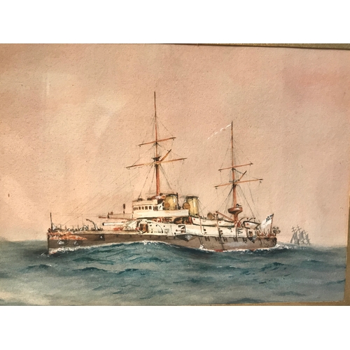 355 - Guilt Framed Watercolour By H.G.G. ASHTON Military Ship.