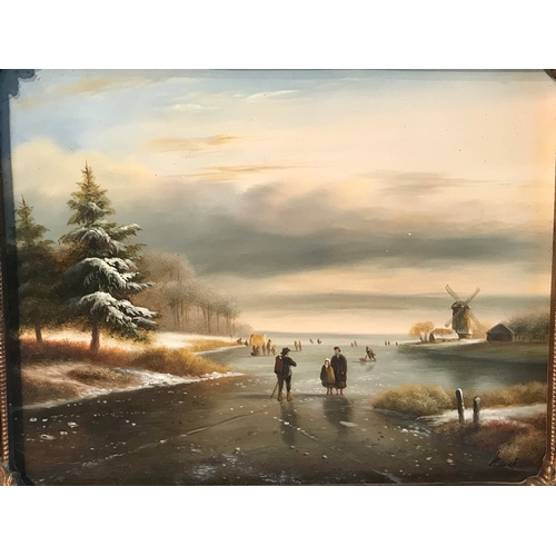 362 - Guilt Framed Oil On Board Iced Lake Scene 32 x 27 cms