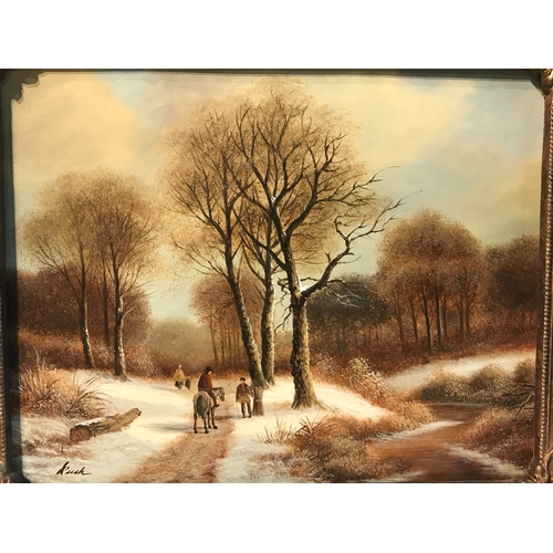 363 - Guilt Framed Oil On Board Woodland Scene Signed .32x27cms