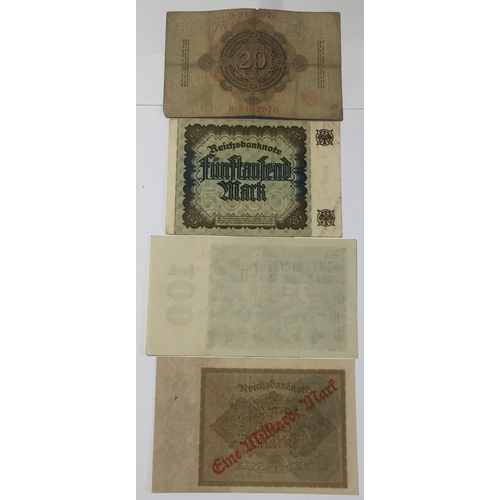 211 - 4 x Reichsbanknote 20 Note 1908 , VF, 100 Note 1923 UNC, 1000 Note 1922 UNC, And A 5000 Note 1922 UN... 