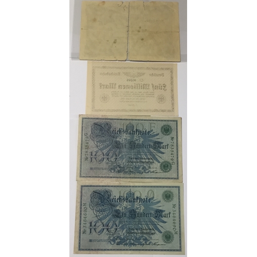 212 - 2 x 100 Mark Notes 1908 EXF And UNC Along With A 1923 1 Million Note Fine And A 1923 5 Million Mark ... 