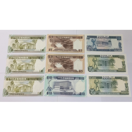 347 - Bank Of Zambia 1980's Kwacha Banknotes K2 , k5 , k10 , k20 All Uncirculated (9)