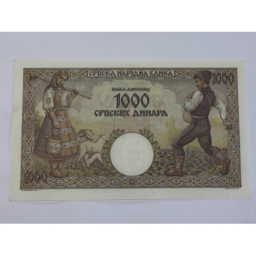 357 - Serbian National Bank 1942 WW2 Issue 1000 Dinar Note In Uncirculated Condition