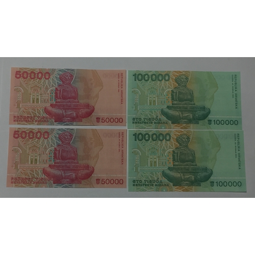 372 - Republic Of Croatia Banknotes To Include 2 X 1993 50000 Dinara Notes Uncirculated Along With 2 X  19... 