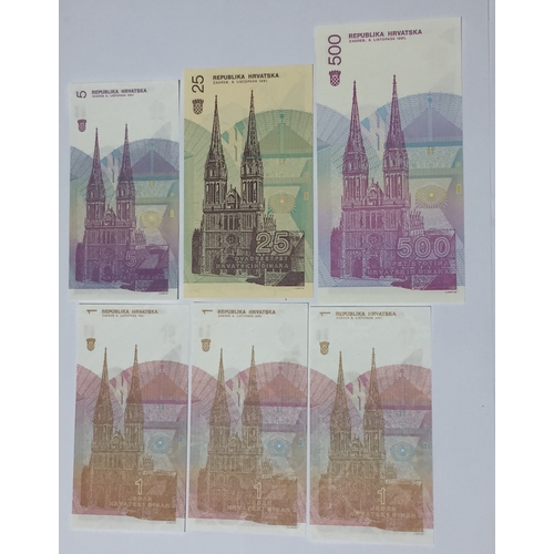 373 - Republic Of Croatia Uncirculated Banknotes to Include 1 , 5 , 25 , And A Scarce Boskovic 500 Dinara ... 