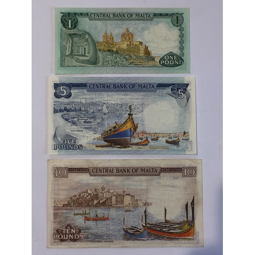 380 - Central Bank Of Malta 1st Issue Trio Of Banknotes 1967 . To Include 1 , 5 , & 10 Pound Notes All In ... 