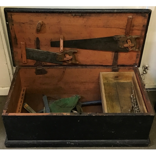 369 - Similar To Previous Lot Vintage Wooden Trunk With A Selection Of Various Vintage Tools, Box Measures... 