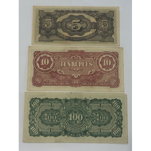 396 - Burma Occupation Trio WW2 Japanese Government Banknotes . To Include 5 , 10 , & 100 Rupee Notes All ... 