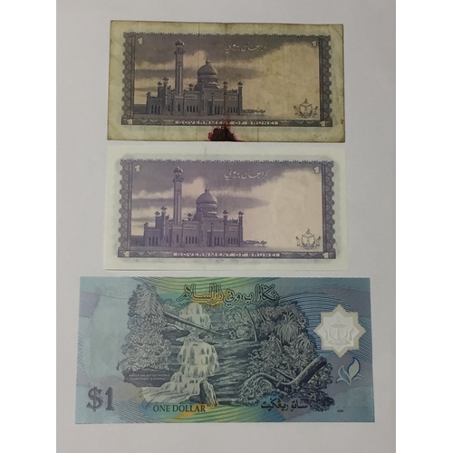 410 - Government Of Brunei One Dollar Notes , 1967 VG, 1983 UNC , Along With A 1996 Brunei Ringgit Note In... 