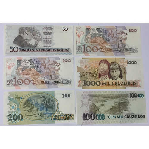 411 - Small Group Of Uncirculated Brazil Banknotes To Include 50 , 2 x 100 , 200 , 1000 , 100000 Cruzeiros... 