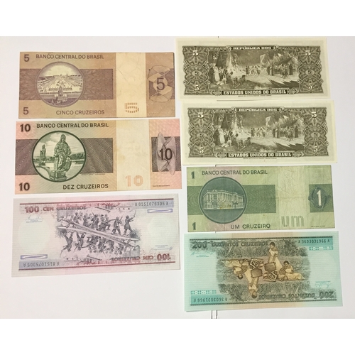 413 - Brazil Banknotes From The 50,s 60,s 70,s  To Include 1 , 5 , 10 100 , 200 Cruzeiros Notes All Uncirc... 