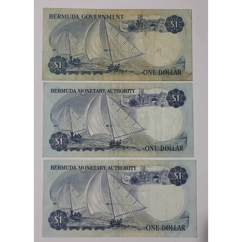 420 - Bermuda Government Dollar System 1 Dollar Notes X 3 All A Prefix 1970 And 1986 VF - UNC (3)