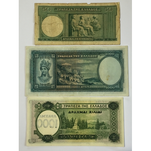 435 - Bank Of Greece Regular Issue 1939 WW2 Era Banknotes. To Include 50 Good ,1000 Almost UNC , 1000 UNC ... 