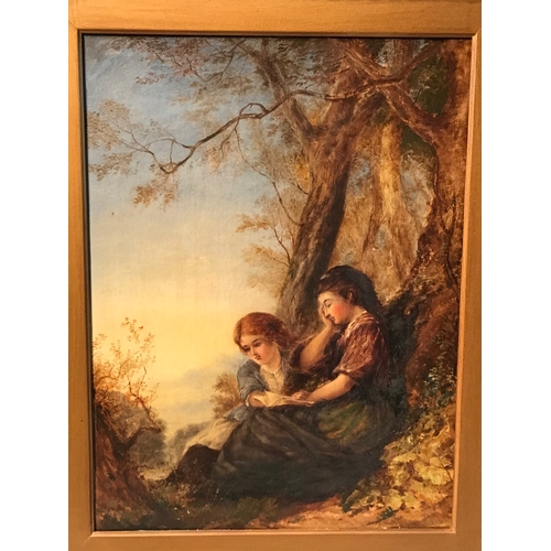 373 - Guilt Framed  Oil On Canvas Two Ladies Reading  Under a Tree Measures 63x76cm