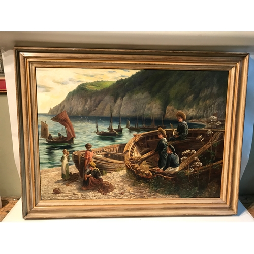 380 - A Newlyn School Style Oil Painting Indistinctly Signed 1880 With Sailor Boys And Family . Measures 1... 