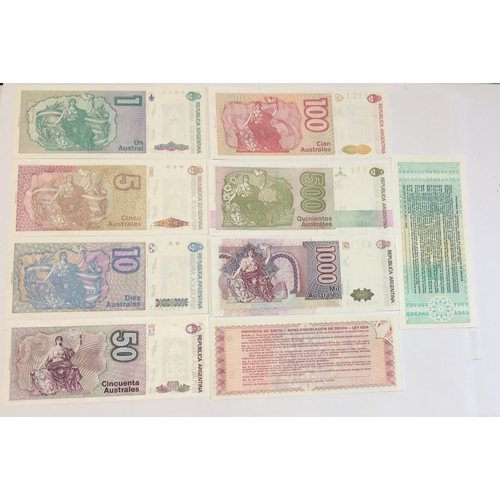 454 - Argentina Austral Currency Regular Issue Banknotes To Include 1 , 5 , 10 , 50 , 100 , 500 , 1000 Aus... 