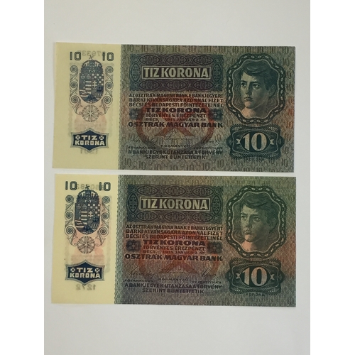 470 - Austro Hungarian Bank 1915 10 Kronen x 2  Uncirculated Banknote.