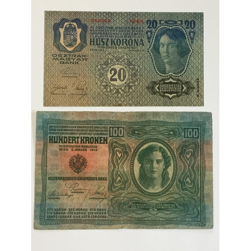 472 - Post WW1 Austro Hungarian Bank. 20 & 100 Kronen Banknotes 1912/13 Fine & Uncirculated (2)