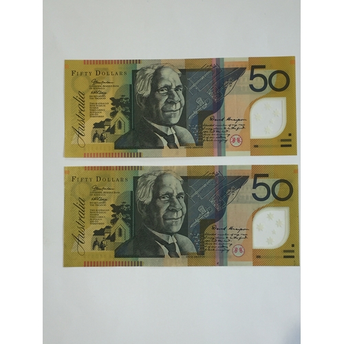 475 - Australia Reserve Bank 2 x 50  Dollar Notes 1990's In Uncirculated Condition.