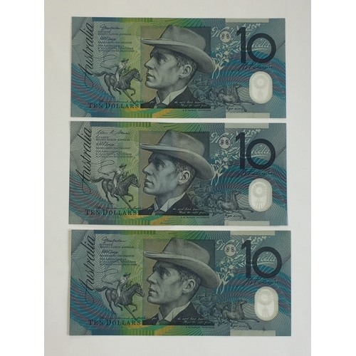 478 - Australia Reserve Bank 3 X 10 Dollar Notes 1990's In Uncirculated Condition.