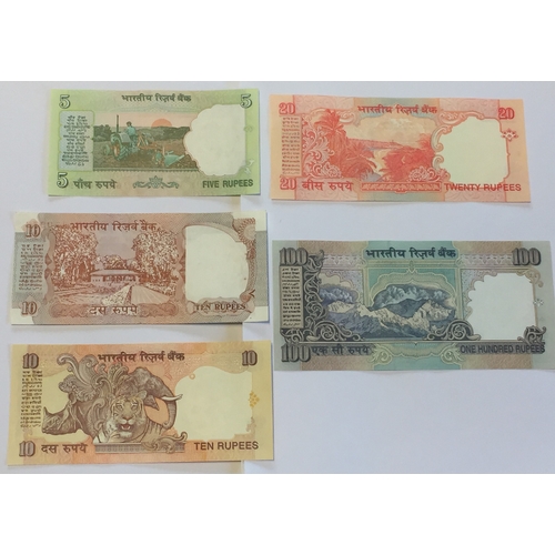 494 - Reserve Bank Of India Gandhi Banknotes. To Include 5 , 10 x2 , 20 & 100 Rupee Notes All In Uncircula... 