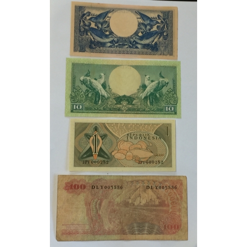 495 - Bank Of Indonesia 1968 100 Rupiah Note VG Along With  1 Rupiah 1961 UNC  , 5  & 10 Rupiah Notes  195... 