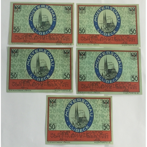 522 - 5 Uncirculated Lubeck Notgeld Notes From 1921