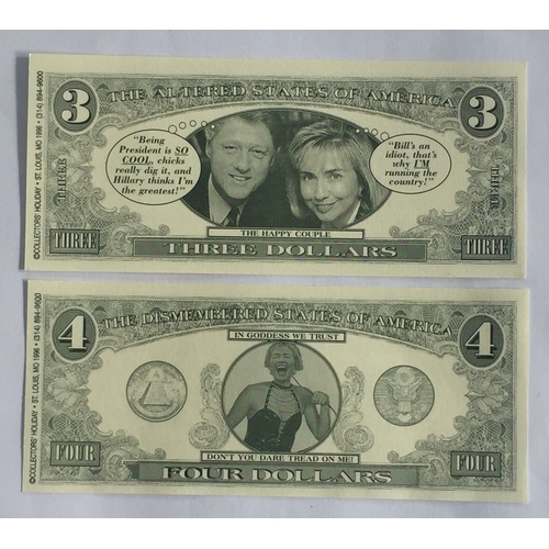 525 - American Spoof Notes 1996 Uncirculated 3 & 4 Dollar Notes Depicting Bill Clinton And Hillary Clinton... 