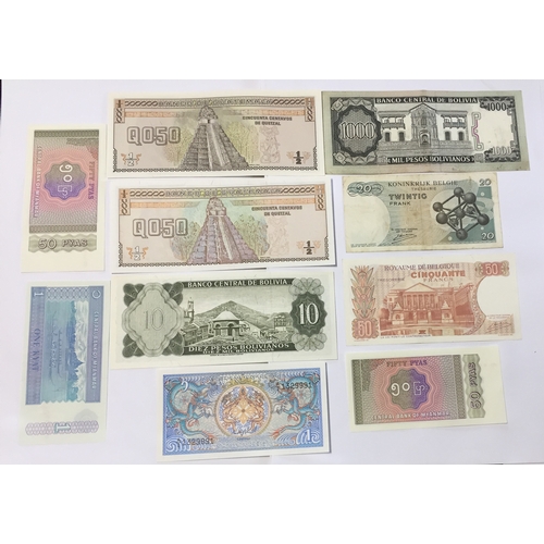 527 - Small Quantity Of World Banknotes From Guatemala , Bolivia , Myanmar , Etc Mostly Uncirculated.