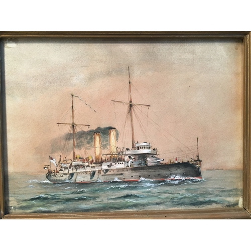 436 - H.G.G Ashton Watercolour Of A British Edgar Class Cruiser 1894 41x 32cms