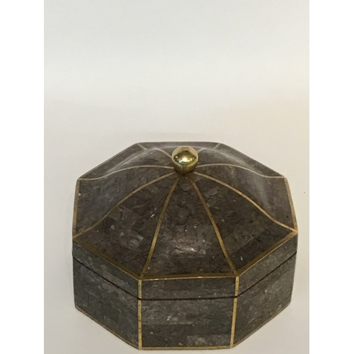 396 - Good Quality Hexagonal Lidded Trinket Box Of Brass And Marble Construction.