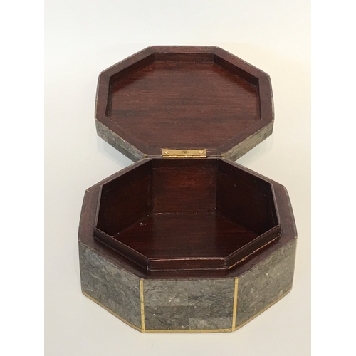 396 - Good Quality Hexagonal Lidded Trinket Box Of Brass And Marble Construction.