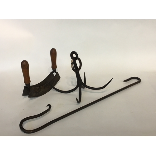 419 - Various Vintage Ironware To Include A Dual Handled Chopper, Grappling Hook, Chimney Crook