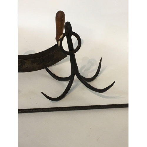 419 - Various Vintage Ironware To Include A Dual Handled Chopper, Grappling Hook, Chimney Crook